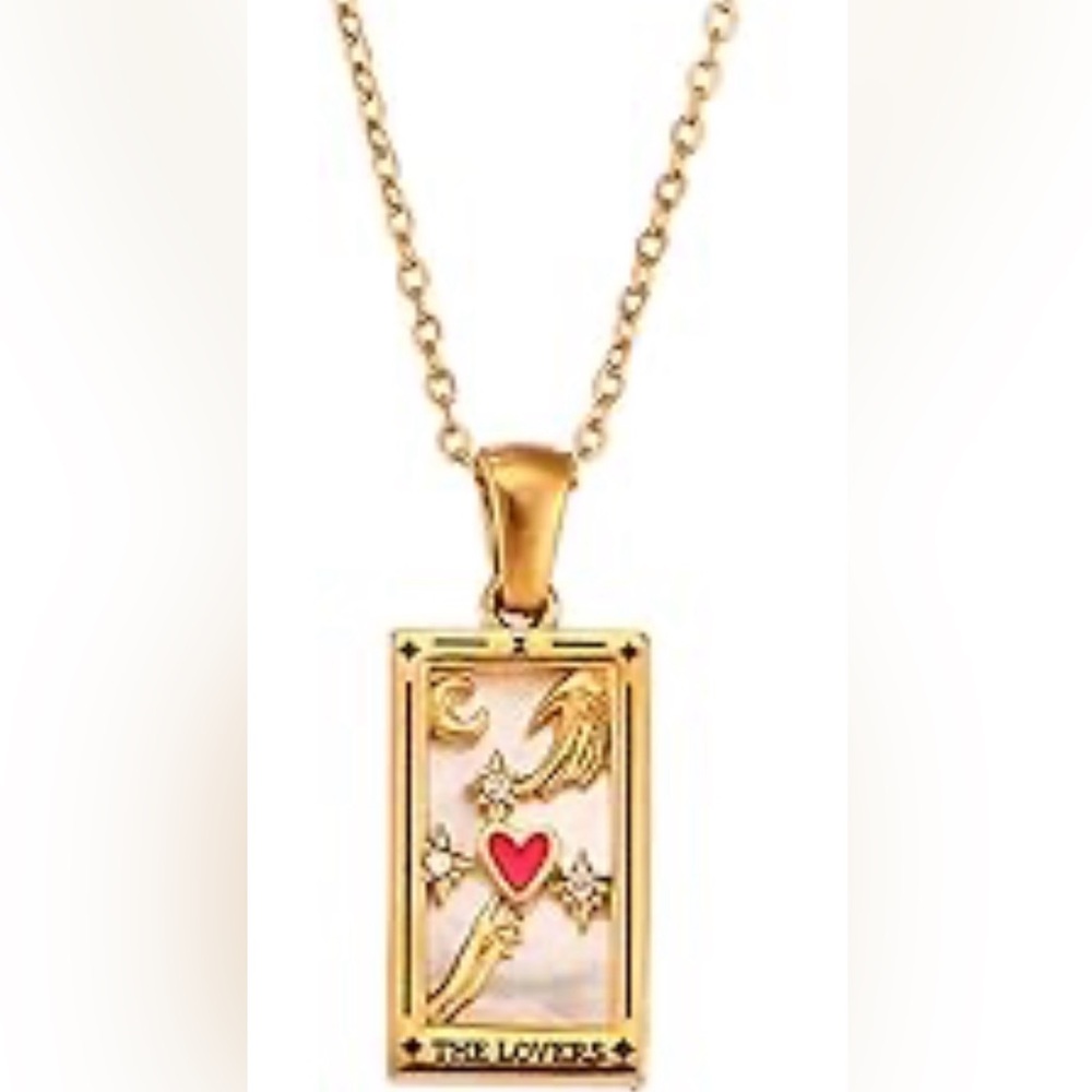 The Lovers tarot card necklace with mother-of-pearl inlay and crystals.